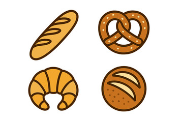 Different varieties of baked goods displayed together, including bread, pretzel, croissant, and cookie, in a simple design