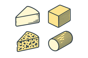 Different types of cheese displayed in a simple arrangement, showcasing various shapes and textures