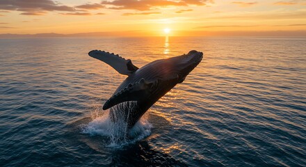 Fototapeta premium Humpback Whale Leaping Out of Ocean During Sunset with Vibrant Sky and Calm Water