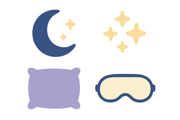 Sleep time symbols including moon, stars, pillow, and eye mask for peaceful nights of rest and relaxation