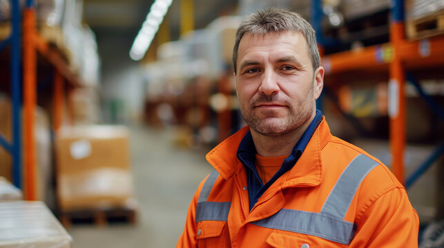 Warehouse worker in an orange safety jacket in industrial logistics and storage environment - Powered by Adobe