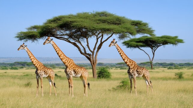 Fototapeta In the African savanna, three giraffes stand on their hind legs stretching toward high branches while another animal observes nearby among the grasslands