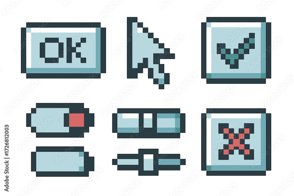 Poster pixel art icons representing common user interface elements in a digital environment