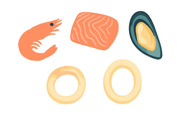 Fresh seafood selection including shrimp, salmon, mussels, and calamari rings displayed on a white background