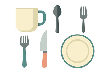 Dining set with utensils, a cup, and a plate displayed on a white background in a minimalist style