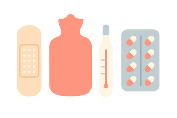 Essential health items for first aid and home care in a simple design format