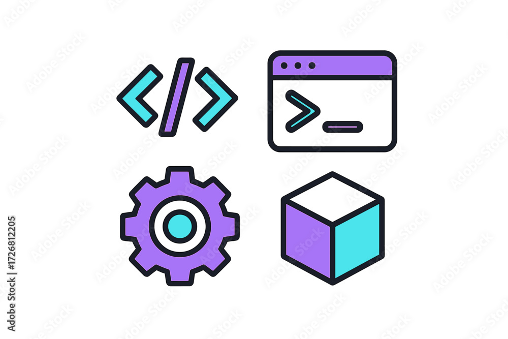 Poster digital design elements showcasing coding, development, and technology in a vibrant, modern style