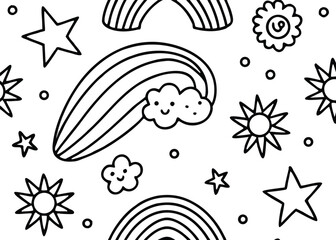 Whimsical celestial doodles with smiling cloud and sunbursts rainbow star