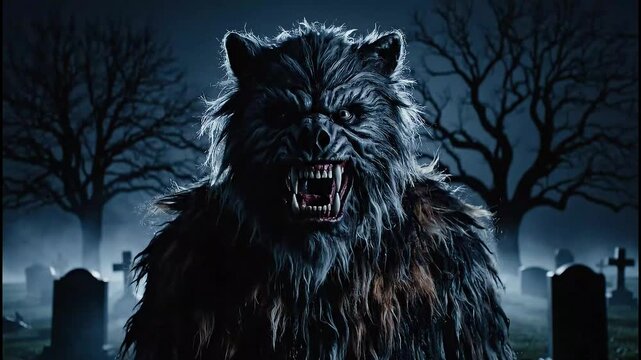 Terrifying werewolf emerges from misty graveyard under a full moon, a primal force unleashed in a chilling horror scene