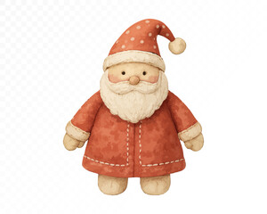Felt Santa Claus ornament with stitched edges, dressed in simple red coat and hat with white beard, cozy handmade Christmas holiday decoration in soft textile craft style. Watercolor vector illustrati