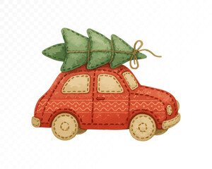 Felt red car with stitched edges, carrying a green Christmas tree on the roof, cozy handmade festive holiday ornament in soft textile craft style. Watercolor vector illustration.