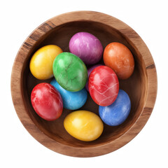Round wooden bowl filled with colorful painted Easter eggs top view isolated on white background