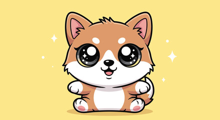 Obraz premium Adorable Shiba Inu Puppy Cartoon Character with Big Eyes and Sparkling Background Design