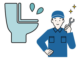 水漏れするトイレとモンキーレンチを持つ作業着の水道屋さんのイラスト