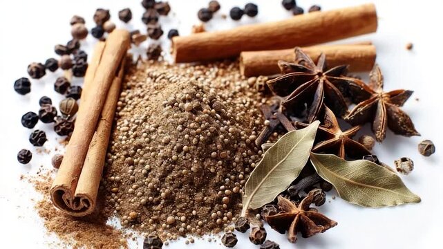A pile of various spices including cinnamon and anise, perfect for cooking or baking