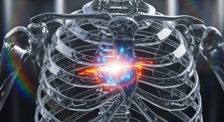 Prismatic Glass Rib Cage Encasing a Vibrant Cosmic Soul