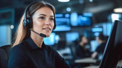 Young woman with a headset offering friendly customer support through an online hotline service.