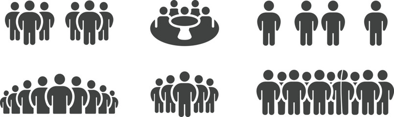 Group configuration icon set, black silhouette vector, people arrangement symbols, team structure design, meeting illustration, crowd dynamics, social gathering artwork