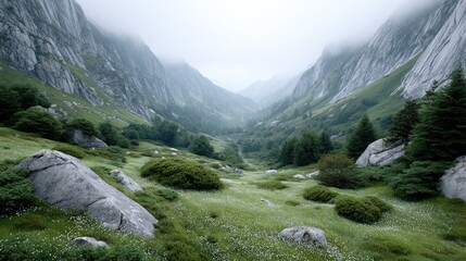Dramatic Mountain Valley Landscape with Storm Clouds and Lush Greenery Serene Cloudy Sky and Rugged Terrain