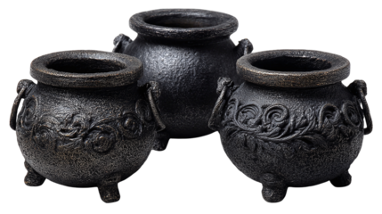 Set of mini cauldrons for table decoration, isolated on transparent background 
