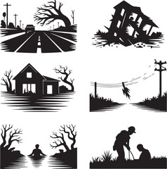 Naklejka premium Disaster scenes show devastation, rescue, and recovery efforts.