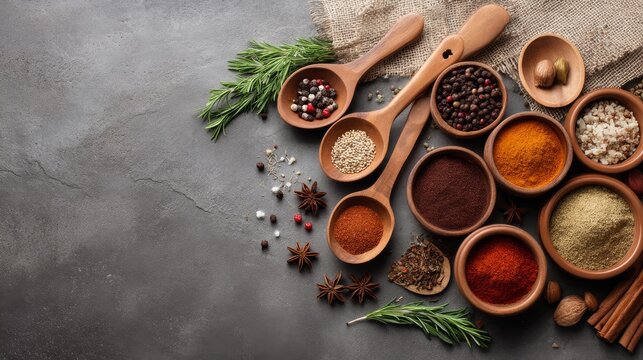 Overhead flat lay of assorted spices in ceramic bowls and wooden spoons on rustic linen with cinnamon sticks and dried herbs for culinary and food presentation - Powered by Adobe