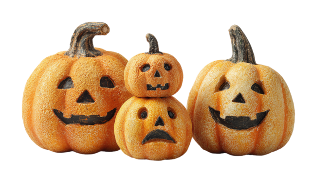 Set of three different size carved pumpkins with various faces, isolated on transparent background  - Powered by Adobe