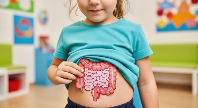Paper intestine model in hands of girl child, pediatric gastroenterologist clinic, horizontal photo - Powered by Adobe