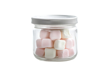 Soft marshmallow in glass jar isolated on transparent background