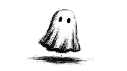 Simple black line art ghost outline with playful expression isolated on transparent background 