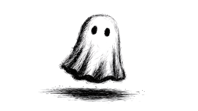 Simple black line art ghost outline with playful expression isolated on transparent background 