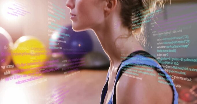 Woman meditating initiating camera pan syncing floating code over balls for fitness