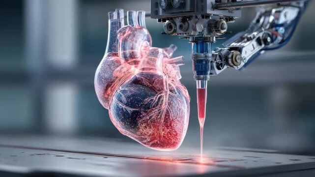 Innovation in Cardiology: A high-tech robotic arm precisely crafts and studies a glowing, anatomically correct human heart, symbolizing breakthroughs in medical technology and healthcare.