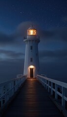 A tranquil lighthouse at night, with a warm glow illuminating the wooden walkway leading to its door, under a starry sky.