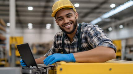 Smiling worker in industrial warehouse with laptop wearing a plaid shirt and cap