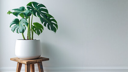 Minimalist flower pot with green plant on white wall background, perfect for design copy space