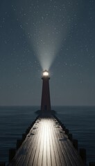 A solitary lighthouse stands sentinel at the end of a wooden pier on a starlit night.
