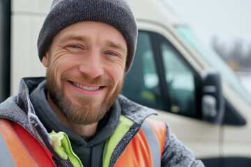 Smiling man with beard and beanie working outdoors in winter jacket, portrait of a happy worker