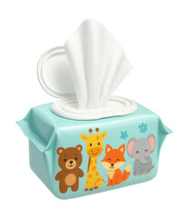 3D icon of baby wet wipes with cartoon animal designs and dispenser lid.