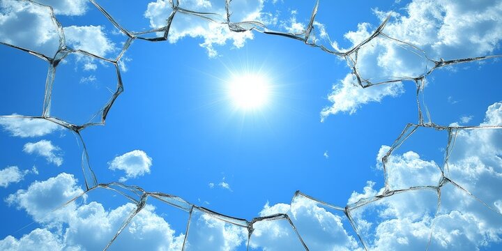 Stunning clear sky view with shattered panes reflecting sunlight and beautiful cumulus clouds above - Powered by Adobe