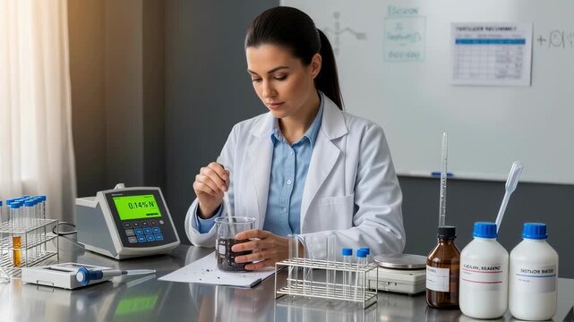 Scientist analyzing nitrogen content in soil sample to assess fertility and recommend fertilization strategies