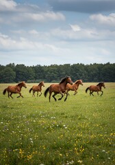 Obraz premium Group of Brown Horses Running in Green Meadow Under Blue Sky with Clouds