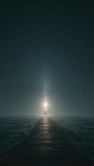 A solitary figure stands on a wooden pier, bathed in the ethereal glow of a distant light source against a starlit, misty night.