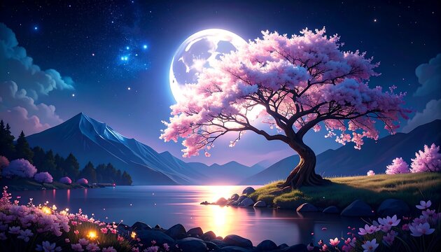 Night-time cherry blossoms by a lake, mountains and a full moon