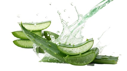 Fresh aloe vera leaves splashing in aloe vera juice on AI Generated