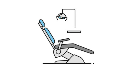 An illustration of a dental chair with overhead light, ready for patient use.