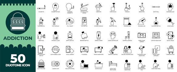 Addiction Icon Set – Substance Abuse, Recovery, Therapy, Mental Health, Awareness Illustrations
