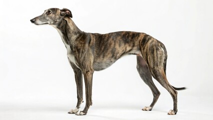 Lurcher dog with lean and athletic body standing alert on a clean white studio background, sharp focus, and professional studio lighting