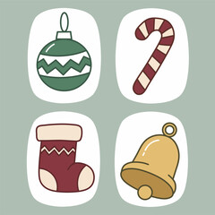 Collection of cute flat style Christmas themed items including an ornament, candy cane, stocking, and bell. 