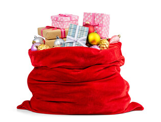 Red Santa sack with colorful presents and Christmas ornaments, PNG with transparent background,...